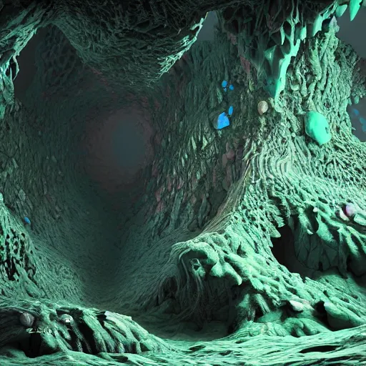 Image similar to organic fractal cave with beautiful colors with lurking monster, render, octane, cgi, mandelbulb3d