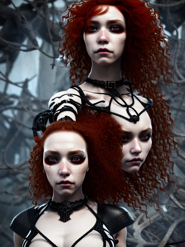 Prompt: a single fierce looking beautiful young woman with curly red hair and symmetrical white makeup, strapped with black rope, wearing an intricate headdress made from bones and leather, painted by makoto shinkai, intricate linework, unreal engine 5 highly rendered, global illumination, radiant light, detailed and intricate environment