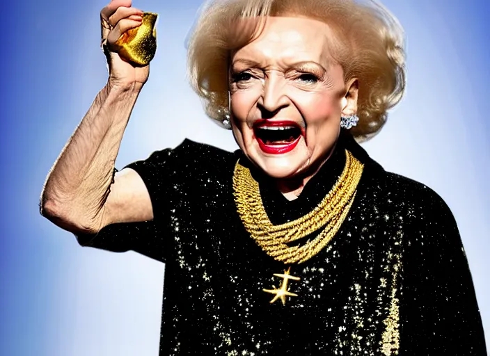 Image similar to publicity photo still of betty white as a gangsta rapper covered in gold chains, with grills in teeth and wearing a jumpsuit live on stage, 8 k, live concert lighting, mid shot