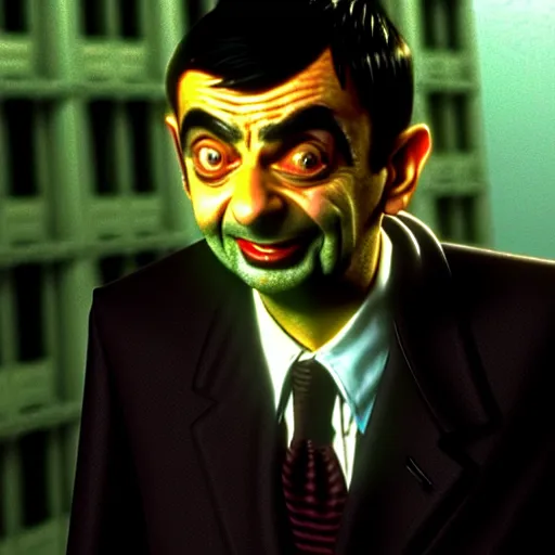 Image similar to mr. bean in vampires kiss. movie still. cinematic lighting.