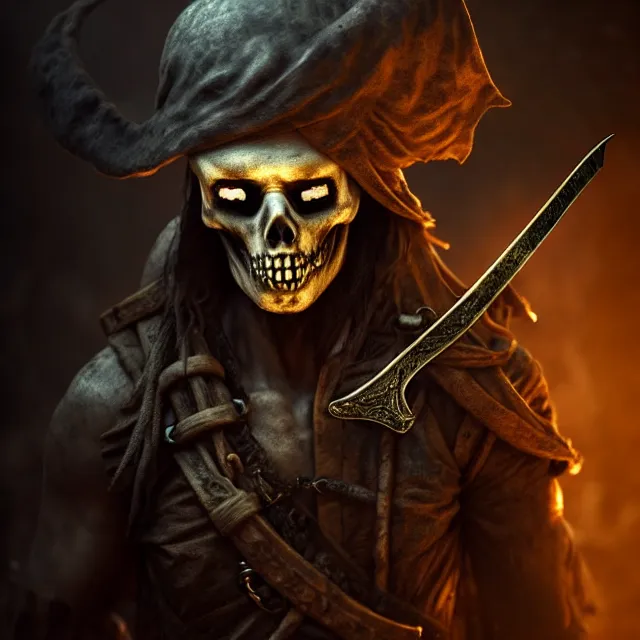 Image similar to realistic photo of a ghost pirate head and torso, holding a sword, standing in a grotto, dark, brooding, paul carrick, atmospheric lighting, intricate, ultra detailed, well composed, best on artstation, cgsociety, epic, stunning, gorgeous, intricate detail, wow, masterpiece