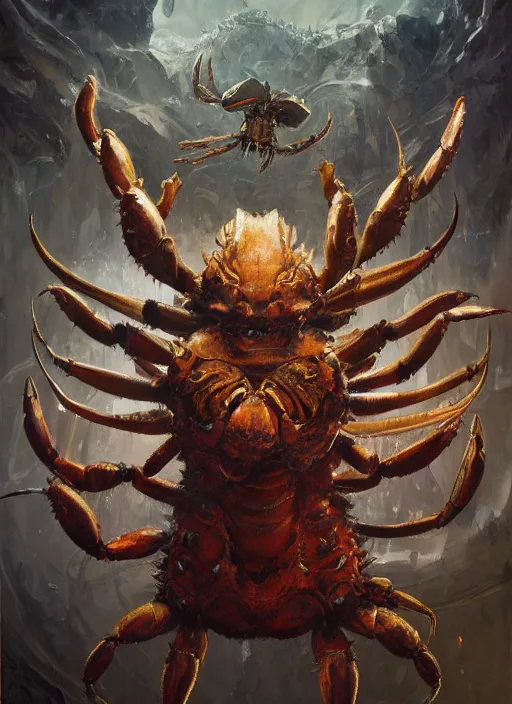 Image similar to Oil painting of a crab monster, portrait, D&D, Magic The Gathering, by Craig Mullins, Nekro, Victo Ngai, centered, symmetrical, 8k, sharp focus