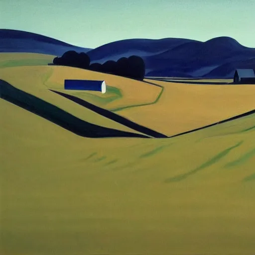 Image similar to dreaming futuristic rural landscape with modern houses, painted by Alex Katz and Edward Hopper, airbrushm, highly detailed