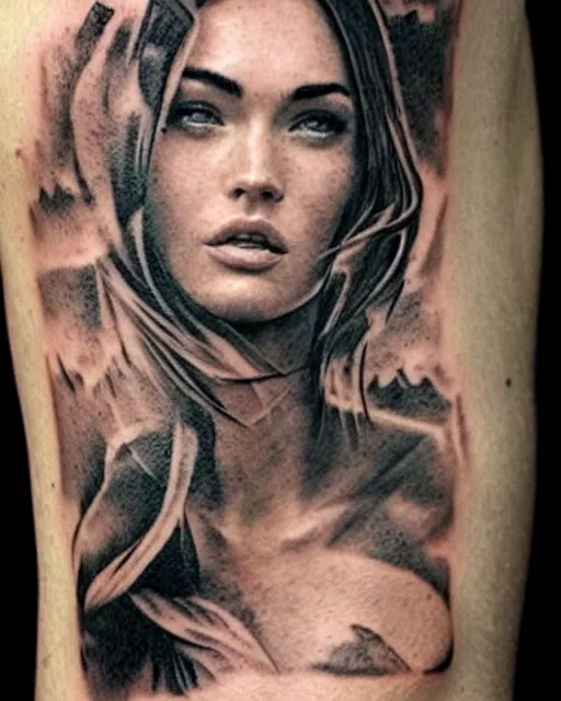 Image similar to creative double exposure effect tattoo design sketch of megan fox faded in beautiful mountain scenery, realism tattoo, in the style of matteo pasqualin, amazing detail, sharp