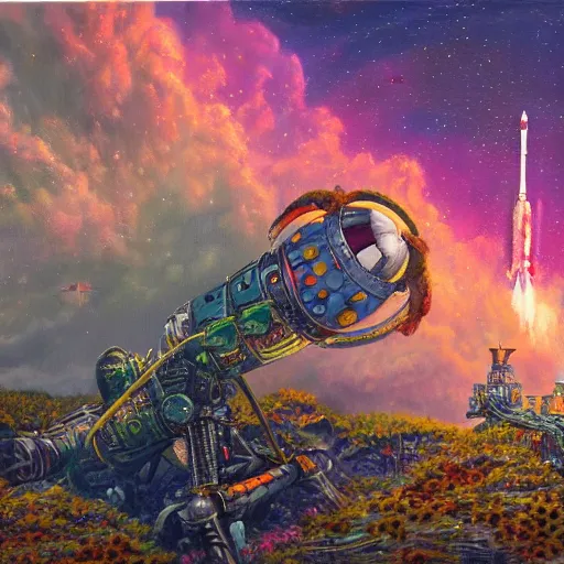 Image similar to rocket launch, on ancient post - apocalyptic planet, jim henson creature shop, vivid and colorful, thomas kincaid, cinematic, oil painting, highly detailed, illustration