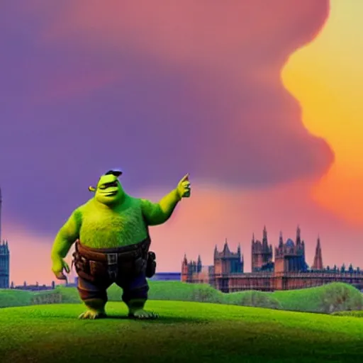 Prompt: a pixar animation of shrek wearing a police trafic suit in middle of london, raini day but whit a beautifull sunset