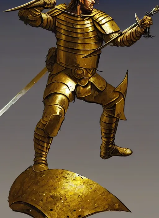 Prompt: muscular roman soldier with sword by simon bisley and greg rutkowski, full body gold plate armor! dynamic battle pose, vivid color scheme