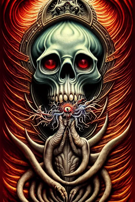 Image similar to A beautiful detailed grotesque monster super cute tarot card, by tomasz alen kopera and Justin Gerard, symmetrical features, ominous, magical realism, texture, intricate, ornate, royally decorated, skull, skeleton, whirling smoke, embers, red adornements, red torn fabric, radiant colors, fantasy, trending on artstation, volumetric lighting, micro details, 3d sculpture, ray tracing, 8k, anaglyph effect, digital art