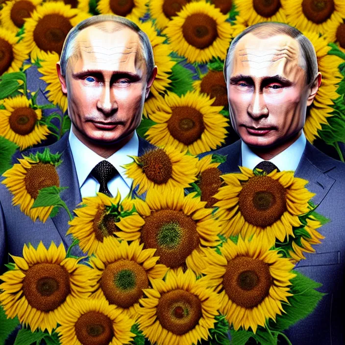 Prompt: photo portrait of Vladimir Putin - sunflowers - dressed in leisure shirt with ornamental ethereal sunflower pattern, natural skin tone, highly detailed realistic flowers ornament on the shirt, raging war and explosions in the background, eyebrows are intricate and highly detailed, elegant, Realistic, Refined, Highly Detailed, natural soft pastel lighting colors scheme, fine art photography by Cecil Beaton, volumetric lighting, hyper realistic photography