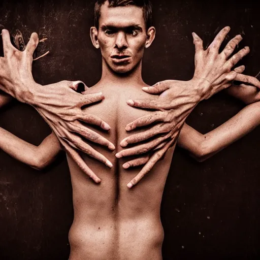 Image similar to ultra detailed photo of a man with many arms covering his entire body