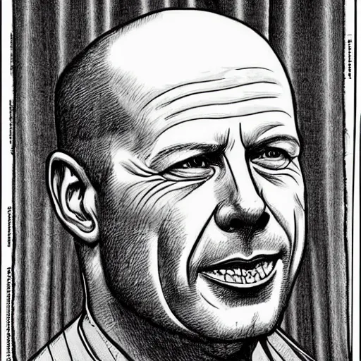 Image similar to a illustration portrait of Bruce Willis drawn by Robert Crumb