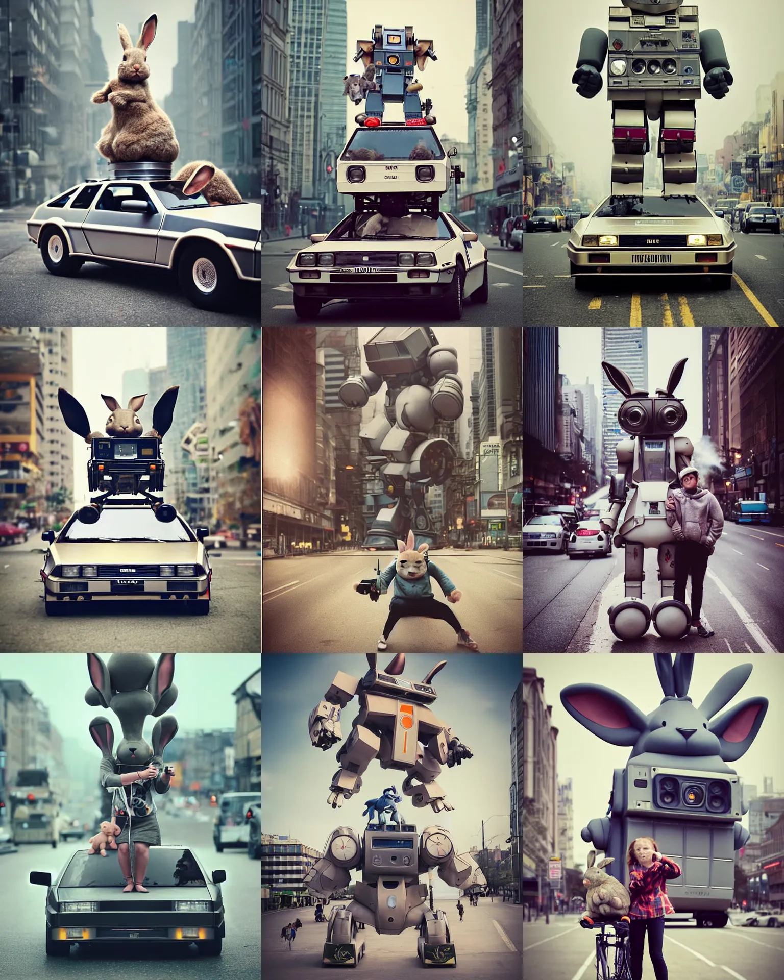 Prompt: epic pose!!! giant oversized battle rabbit robot chubby mech retro sport delorean double decker with giant oversized ears and rabbit babies, in busy city, full body, cinematic focus, polaroid photo, vintage, neutral dull colors, soft lights, foggy mist, by oleg oprisco, by thomas peschak, by discovery channel, by victor enrich, by gregory crewdson