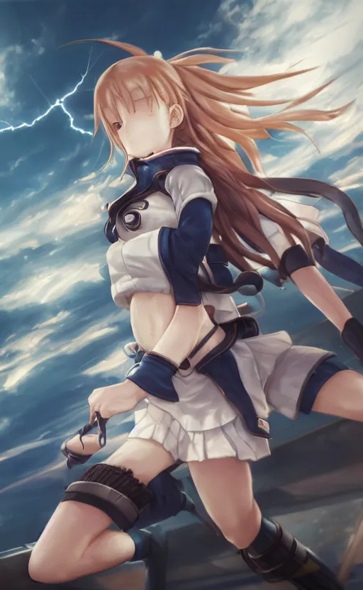 Image similar to highly detailed, character art, octane, stunning, realistic lightning, realistic ocean, characters from azur lane, matte, sharp focus, intricate, 150mm, illustration, ranked first on pixiv, professional digital painting, by yoshihiro togashi, realistic anatomy, smooth, female sailor uniforms, explosions, a single girl in the view