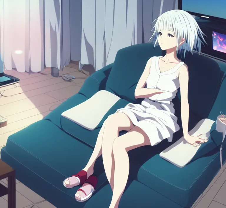 Image similar to anime visual, a young japanese woman with white hair watching tv in the living room, cute face by ilya kuvshinov, yoshinari yoh, makoto shinkai, katsura masakazu, dynamic perspective pose, detailed facial features, kyoani, rounded eyes, crisp and sharp, cel shad, anime poster, ambient light