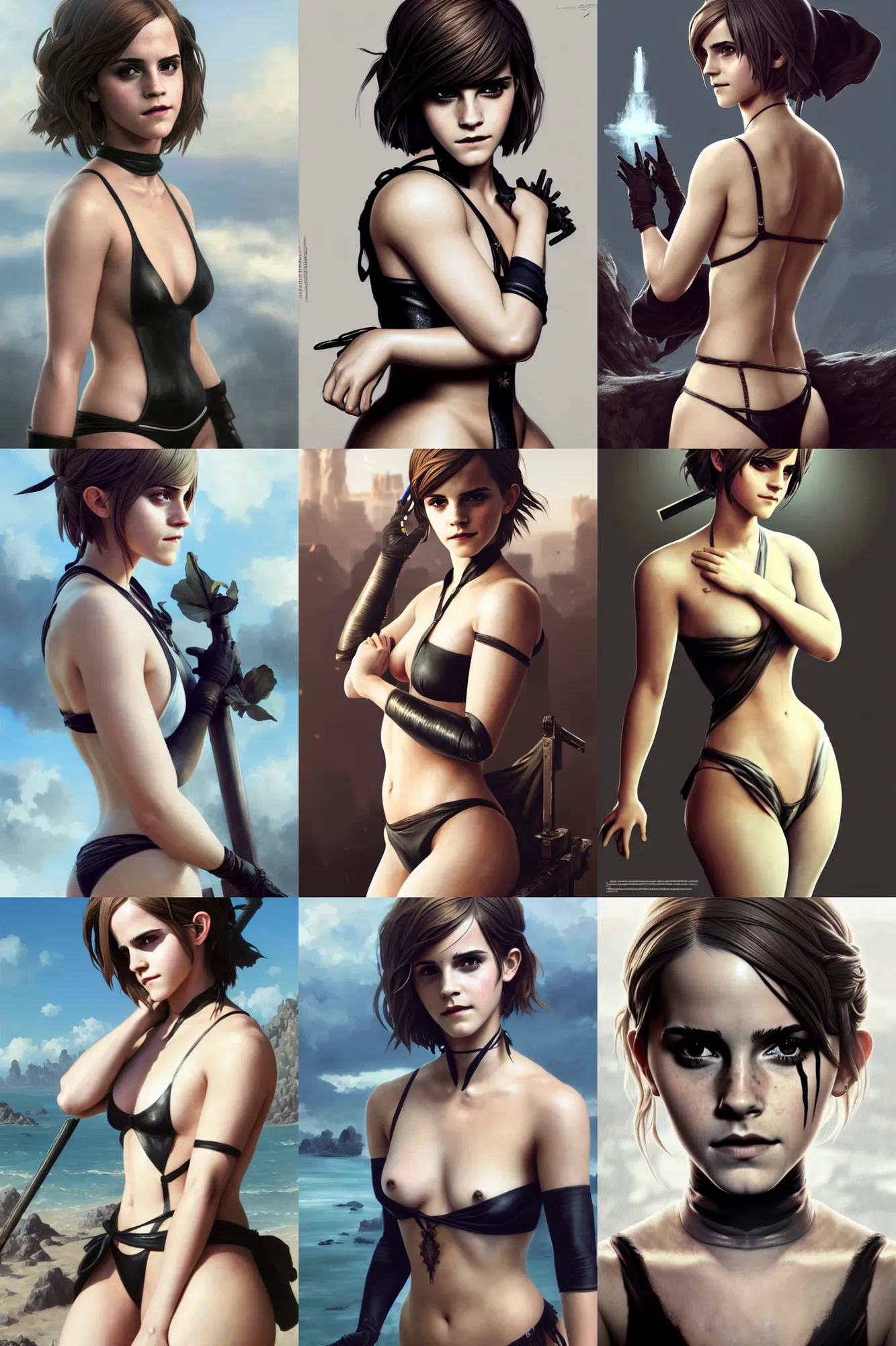 Prompt: painting of emma watson as 2 b from nier : automata, tiny bikini, ultra realistic, sharp details, subsurface scattering, intricate details, warm lighting, beautiful features, highly detailed, photorealistic, octane render, 8 k, unreal engine, art by artgerm and greg rutkowski and alphonse mucha