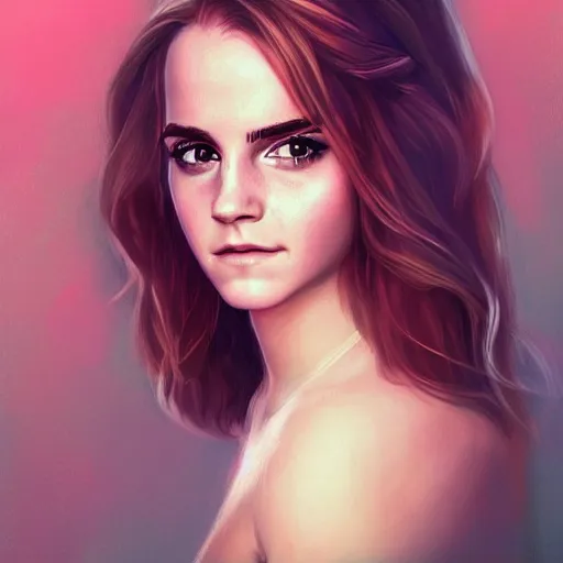 Image similar to portrait of emma watson staring at you, beautiful, long hair, eye contact, slight smile, high detail, vivid colors, navy background, artstation