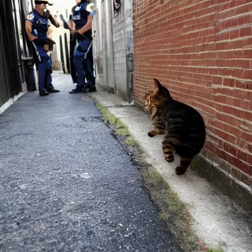 Prompt: police chasing a cat into an alley, high quality