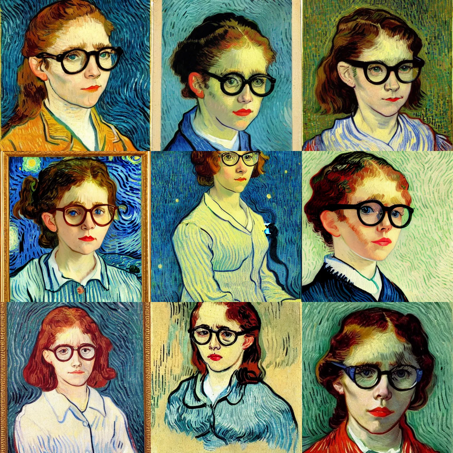 Prompt: portrait of a young Pam Beesly with shoulder-length hair wearing cat-eye glasses by van gogh