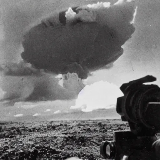 Image similar to a photo taken from inside of a trench showing a nuclear explosion in the distance, you can see the explosion's shockwave in the clouds, realistic, taken on a ww 2 camera.