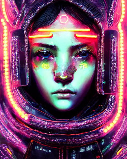 Image similar to detailed portrait Neon Operator Girl cyberpunk futuristic neon Reflective puffy coat, decorated with traditional japanese ornaments by ismail inceoglu dragan bibin hans thoma greg rutkowski Alexandros Pyromallis Nekro Rene Margitte illustrated Perfect face, fine details, realistic shaded, fine-face, pretty face