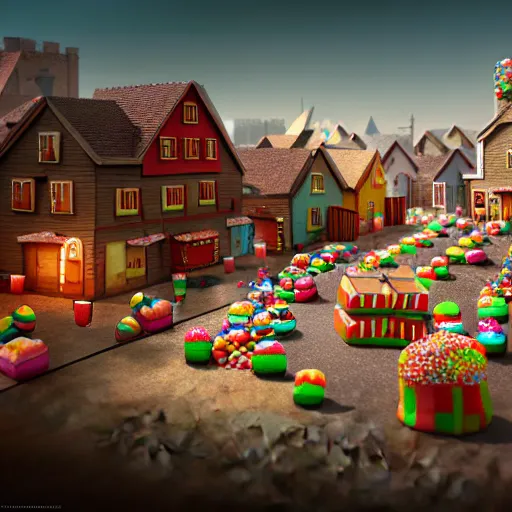 Image similar to Village made of sweets, 4k octane render, detailed art, artstation, streetview, CGSociety, deviantart