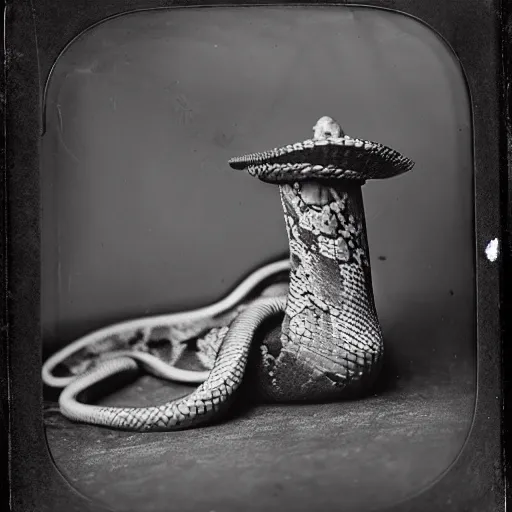 Prompt: a wet plate photo of a boa constrictor : : 1 snake : : 1 0 wearing a tiny jester hat : : 5 h 7 6 0