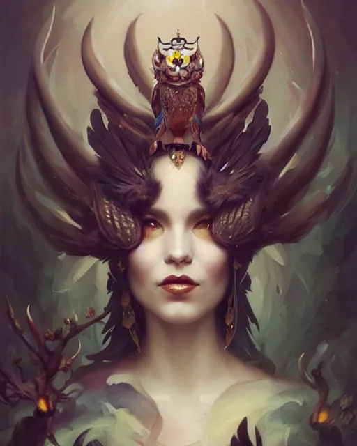 Image similar to a fantasy owl queen, beauty portrait by peter mohrbacher, tom bagshaw, greg rutkowski, wlop, ruan jia, opulent costume inspired by iris van herpen