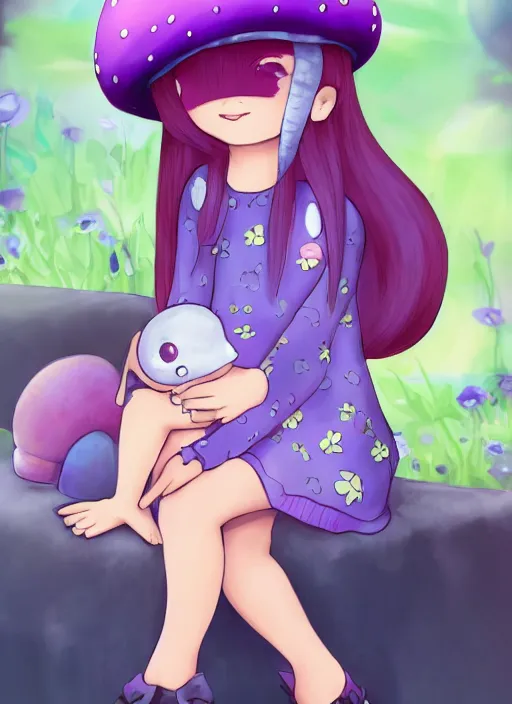 Image similar to a beautiful little girl wearing a mushroom hat sitting in her room petting a frog in her lap | | purple hair, pretty face, sharped details, in yo - jo life art style, trending on pixiv