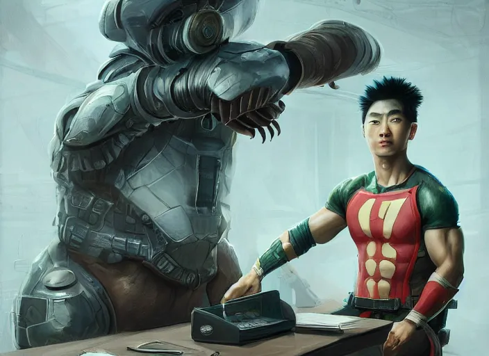 Image similar to an insanely detailed painting of an asian man wearing a homemade superhero costume, sitting at a desk, staring at the nervously at the computer and typing, in the style of peter mohrbacher, dramatic lighting and composition, surreal background, octane render, pixar, trending on artstation, concept art, comic book, view from behind