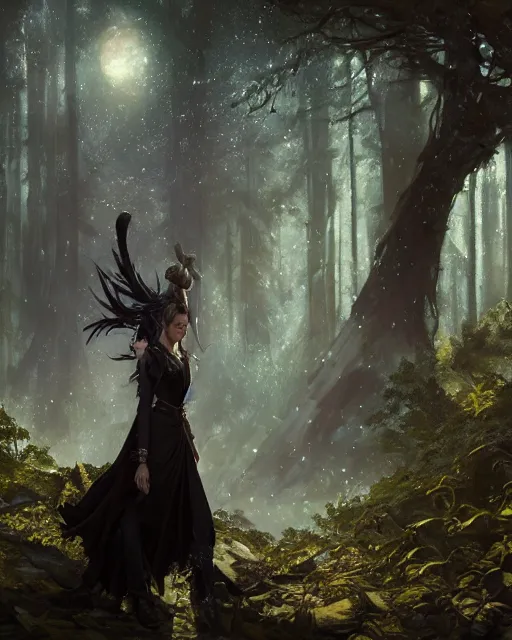 Prompt: a anya taylor joy as dnd elf with black hair black dress as pathfinder in a nebula forest by greg rutkowski, high key lighting, volumetric light, digital art, highly detailed, fine detail, intricate, ornate, complex, octane render, unreal engine, photorealistic digital painting, artstation, concept art, sharp focus, art by greg rutkowski and alphonse mucha