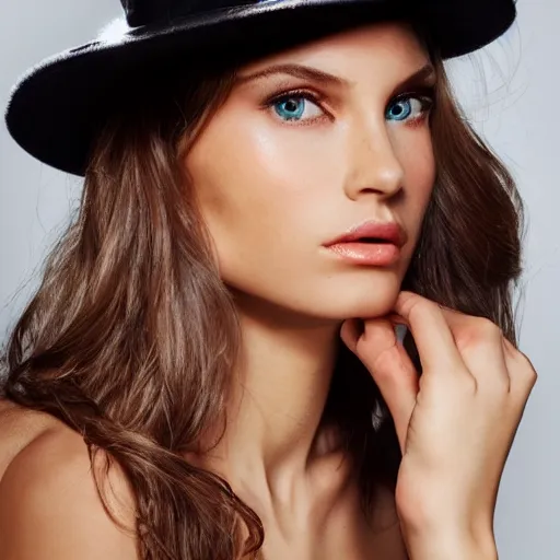 Image similar to a realistic supermodel is gazing into the camera wearing a hat that looks like a cheeseburger, she looks beautiful, the photo is award winning, studio lighting, magazine quality