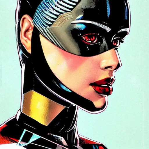 Image similar to portrait of a female android, by MARVEL comics and Sandra Chevrier