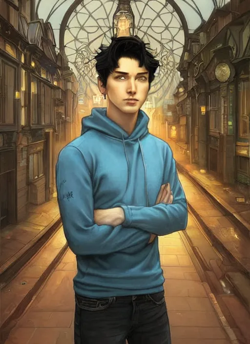 Image similar to handsome young man with short black hair, glowing light blue eyes, pale skin, wearing jeans and a black hoodie, detailed night time cityscape background, realistic painting by ross tran and gerald brom and alphonse mucha, ilya kuvshinov, svetlana tigai, artgerm, trending on artstation