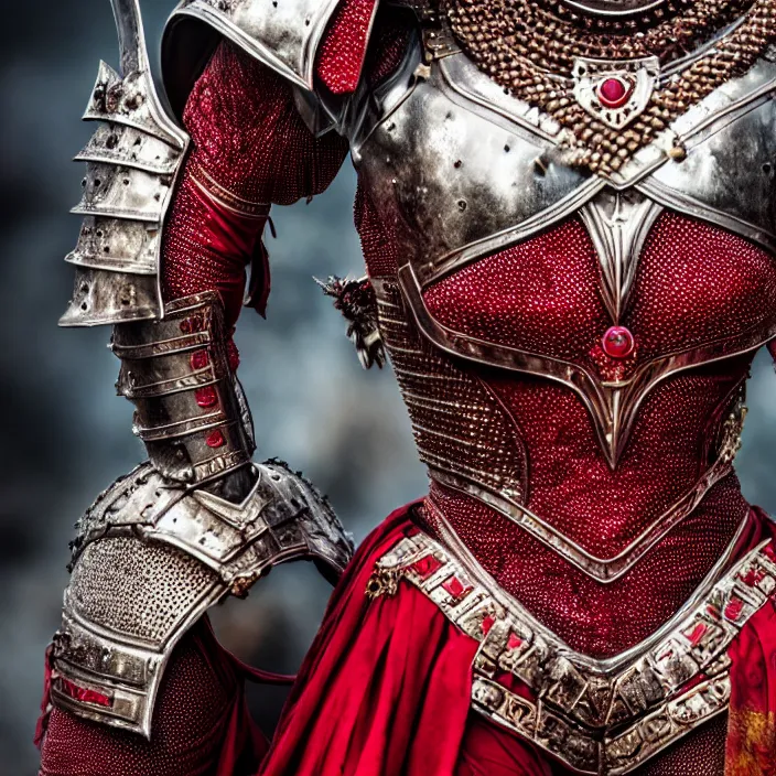 Image similar to full length photo of a beautiful strong warrior queen wearing ruby encrusted armour, highly detailed, 4 k, hdr, smooth, sharp focus, high resolution, award - winning photo