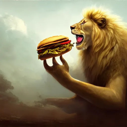 Image similar to commission of a male anthropomorphic albino lion eating an oversized hamburger,digital art,art by greg rutkowski,trevor henderson,ross tran,photorealistic,hyperdetailes,highly realistic,natural lighting,deviantart,artstation,dramatic,cinematic,4k,western comic style