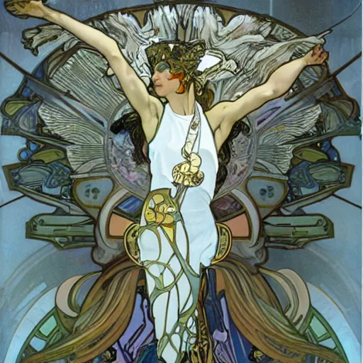 Image similar to A Nike Goddess of Victory with wings and wearing Nike leggings by Alphonse Mucha and Yoji Shinkawa in the syle of Art Noveau