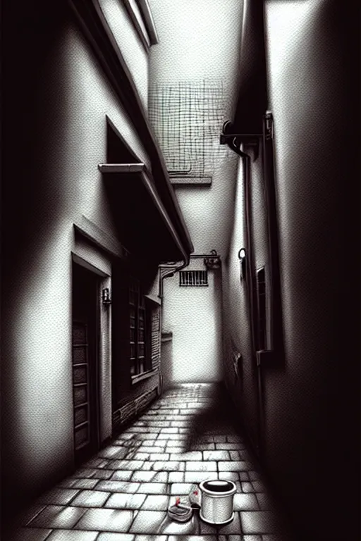 Image similar to Photorealistic hyperrealism shady backalley by Artgerm and WLOP