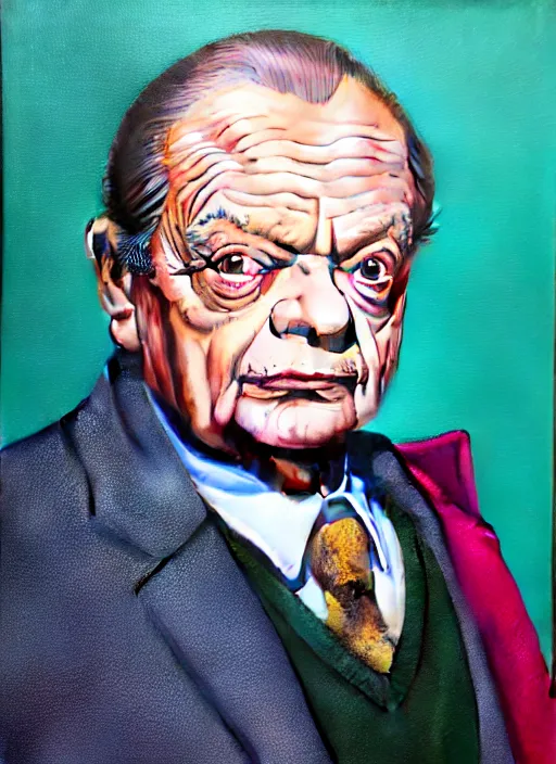 Prompt: portrait of david jason as del boy trotter, close up, high detail, studio lighting, sharp focus, magical background, painting