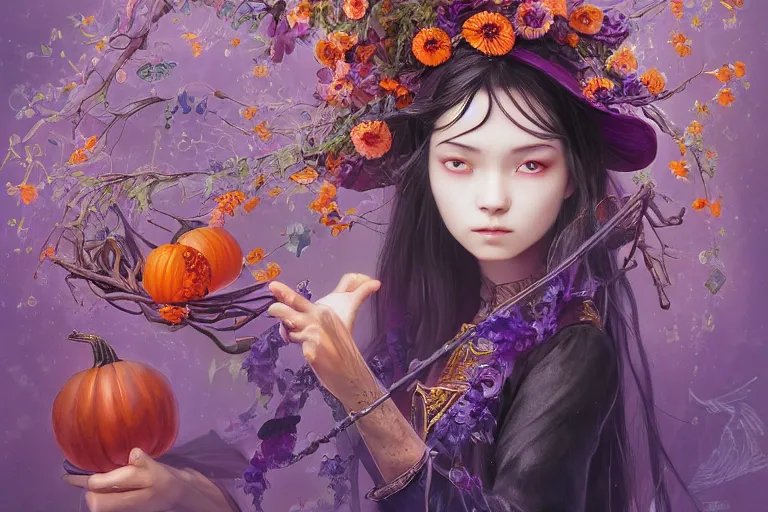 Prompt: breathtaking detailed concept art painting of a young witch, orthodox saint, with piercing purple eyes, ornate background, amalgamation of pumpkins and flowers, by Hsiao-Ron Cheng, James jean, Miho Hirano, Hayao Miyazaki, extremely moody lighting, 8K