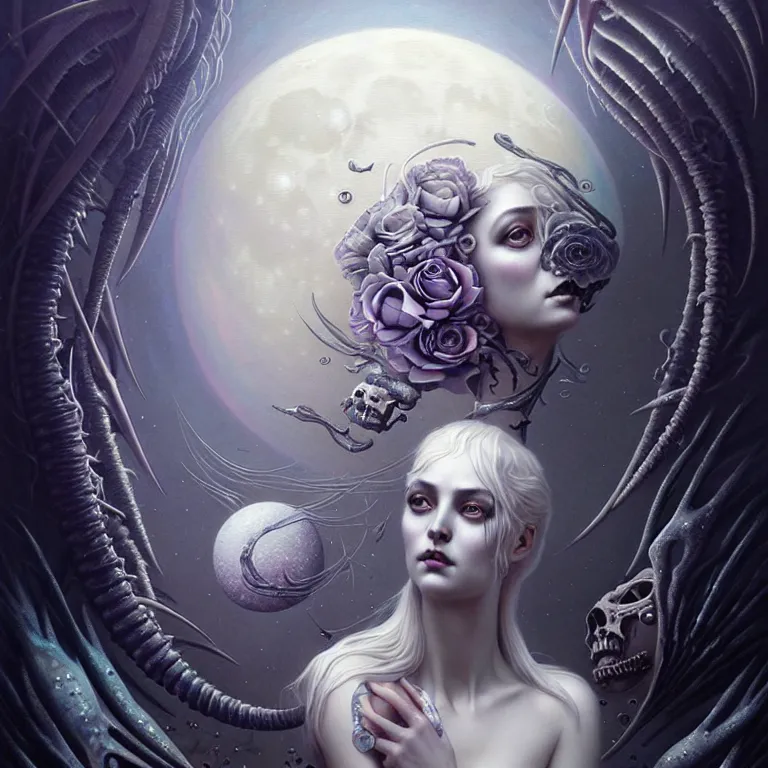 Image similar to skewed in the void, hr giger and cgsociety. one stunning luna goddess of personification of the moon by charlie bowater and tom bagshaw, insanely detailed, artstation, space art. sparkling flower fractules surrounded by skulls and robots deep under the sea, pop art, by peter rohrabacher lisa frank