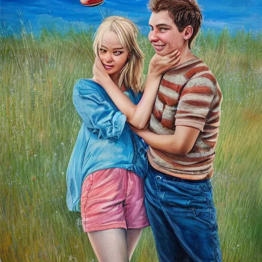 Image similar to a highly detailed painting of a young couple from the side, holding a tin can, hjalteyri iceland, summer, blonde hair, muted colors, joy, trending on artstation,