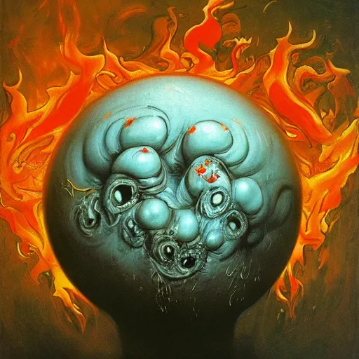 Prompt: a sphere being devoured by abstract splatters of white paint in the style of francis bacon, face being engulfed in flames in the style of james jean, surreal, beksinski, high detailed