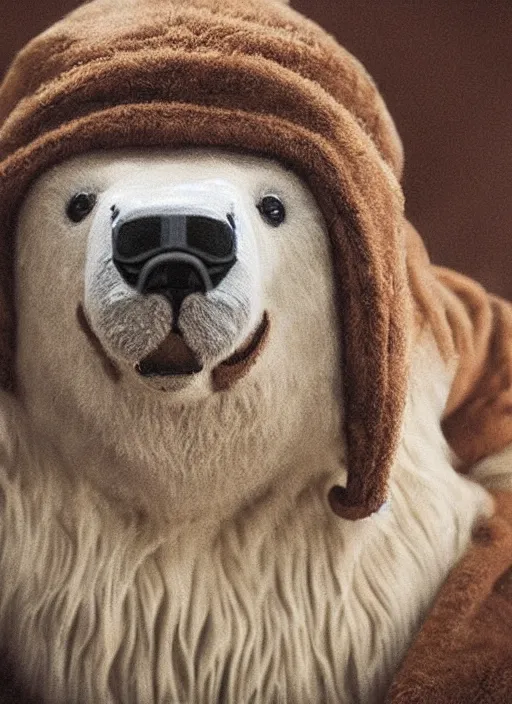 Image similar to a polar bear with stubble, wearing brown jedi robes, smiling, close up, portrait style, star wars atmosphere, photographic print, artgerm, hyper - realistic