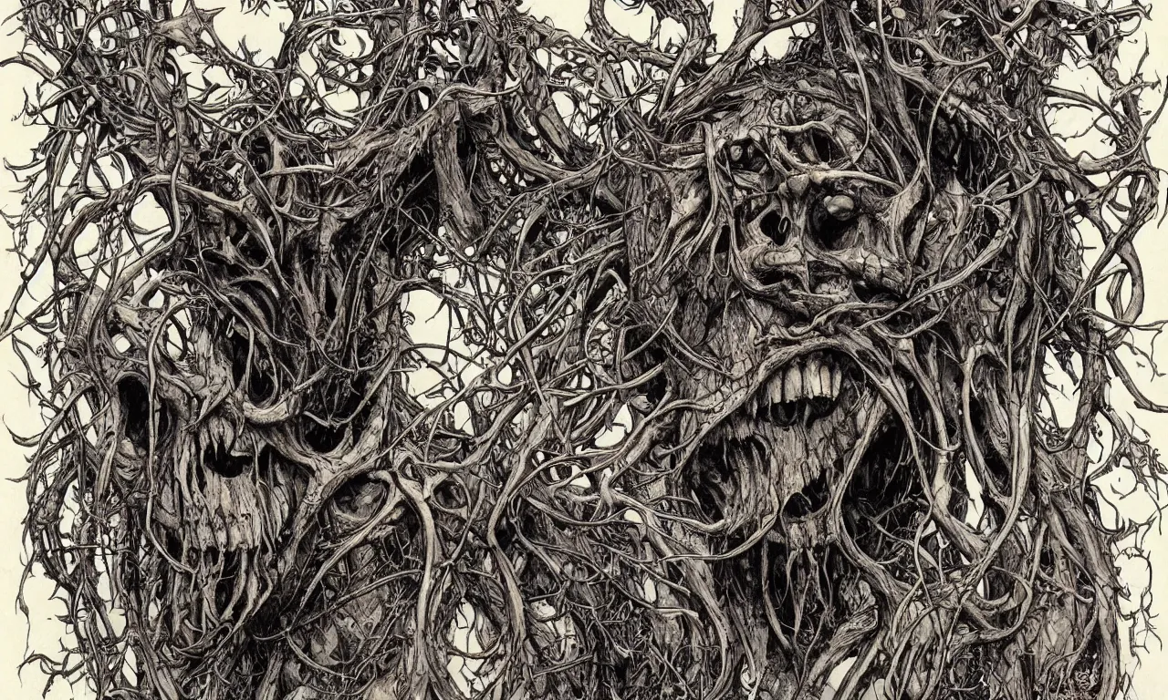 Image similar to hyperdetailed art nouveau portrait of treebeard as a cthulhu eyeball skull wendigo cryptid monster, by geof darrow, simon bisley and bill sienkiewicz, grim yet sparkling atmosphere, photorealism, claws, skeleton, antlers, fangs, forest, wild, crazy, horror, lynn varley, lovern kindzierski, steve oliff