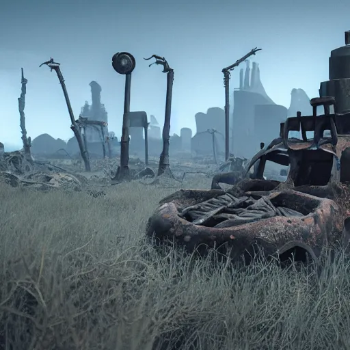 Image similar to A desolate wasteland, where the only signs of life are the occasional rusting hulk of a machine, or the skeleton of a long-dead creature, rendered in unreal engine.