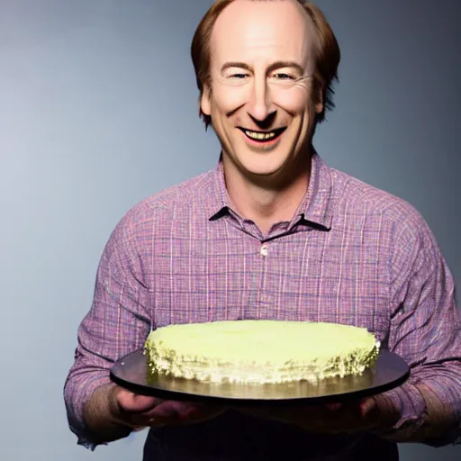 Prompt: bob odenkirk, smiling, holding a birthday cake, studio photograph, cinematic lighting