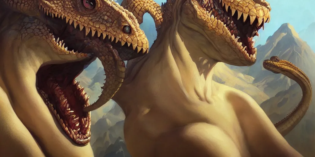 Image similar to portrait painting of smiling lizardman, medium shot, asymmetrical, profile picture, organic painting, sunny day, matte painting, bold shapes, hard edges, trending on artstation, by huang guangjian and gil elvgren and jon foster