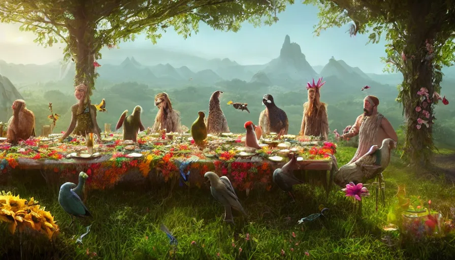 Image similar to a table dinner of exotic birds where birds are dressed like the characters from the midsommar movie wearing flowers, realistic detailed digital art by maxwell boas jessica rossier christian dimitrov anton fadeev trending on artstation cgsociety rendered in unreal engine 4 k hq