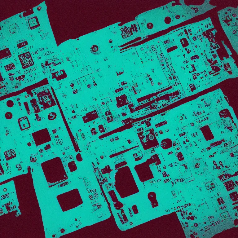 Image similar to boards of canada exposed circuit boards, film photo, soft lighting album cover, nostalgia, turquoise gradient