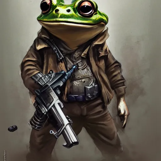 Prompt: badass gangsta frog. a frog mafia boss holding gun. nuri iyem, james gurney, james jean, greg rutkowski, anato finnstark. 1 0 0 mm